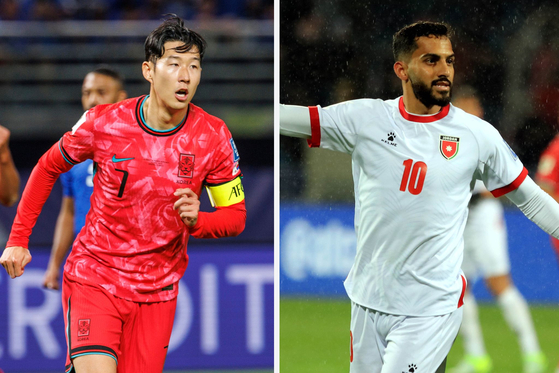 Korea's Son Heung-min, left, and Jordan's Musa Al-Taamari will face off tonight in Suwon  [EPA/YONHAP]