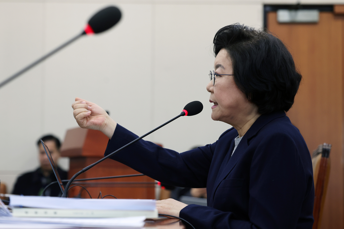 Lee Hye-hoon, the nominee for the first minister of the to-be-established Ministry of Planning and Budget, is seen during her confirmation hearing at the National Assembly in Yeouido, western Seoul, on Jan. 23. [YONHAP]