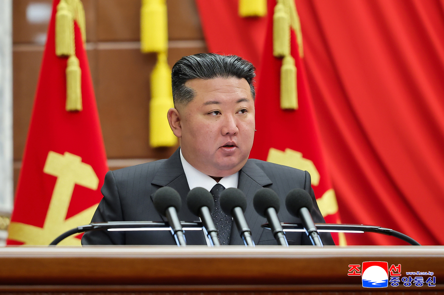North Korean leader Kim Jong-un speaks during a plenary meeting of the Workers' Party of Korea, in this file photo published by the Korean Central News Agency on Dec. 11, 2025. [KOREAN CENTRAL NEWS AGENCY]