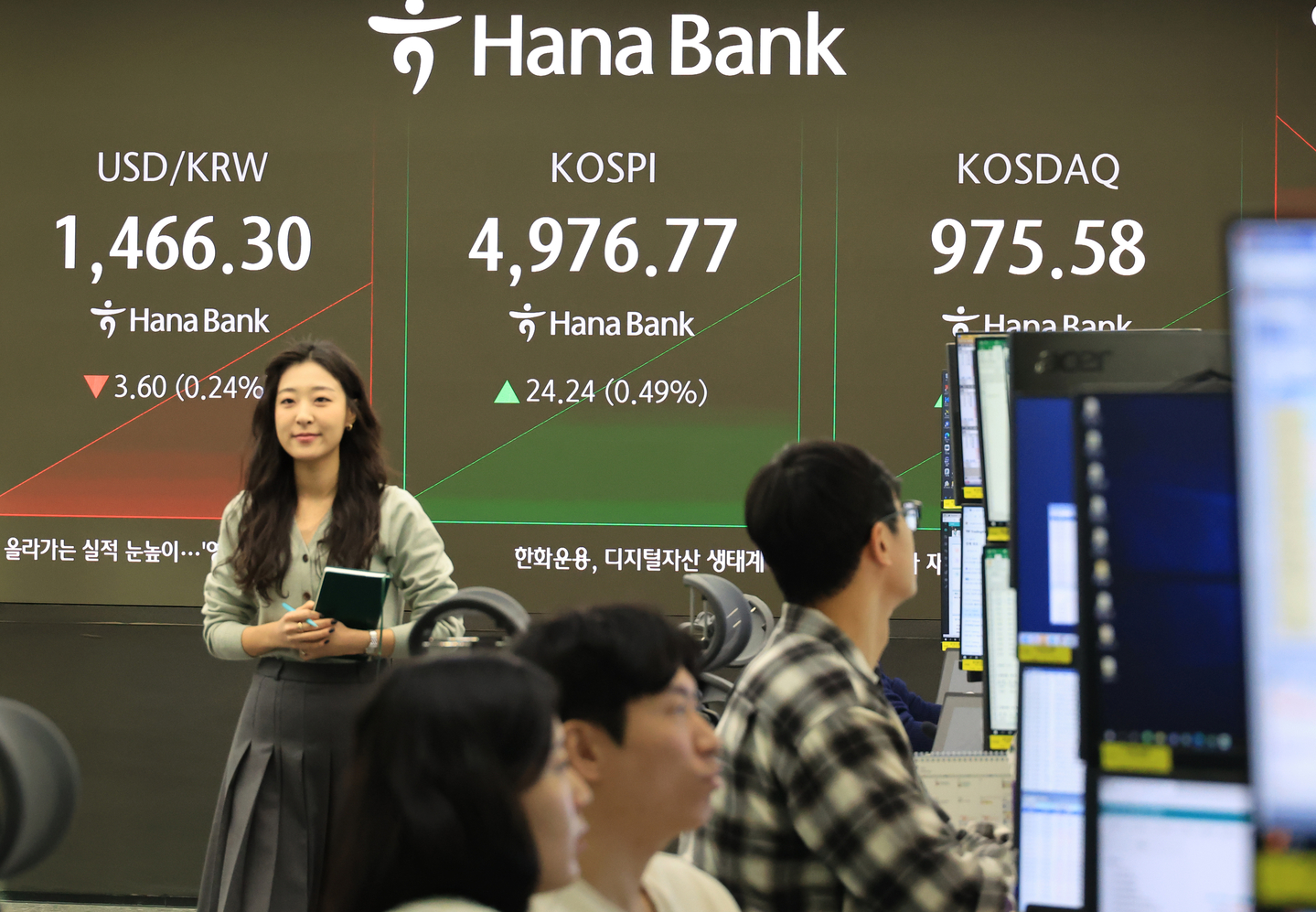 A screen in Hana Bank's trading room in central Seoul shows the Kospi trading in the morning hours of Jan. 23. [YONHAP]