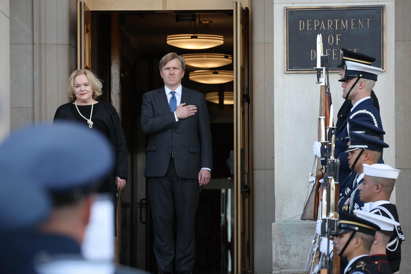 U.S. Under Secretary of War for Policy Elbridge Colby, center right, stands with New Zealand Minister of Defense Judith Collins during an honor cordon at the Pentagon on Oct. 20, 2025, in Arlington, Virginia. [AFP/YONHAP]