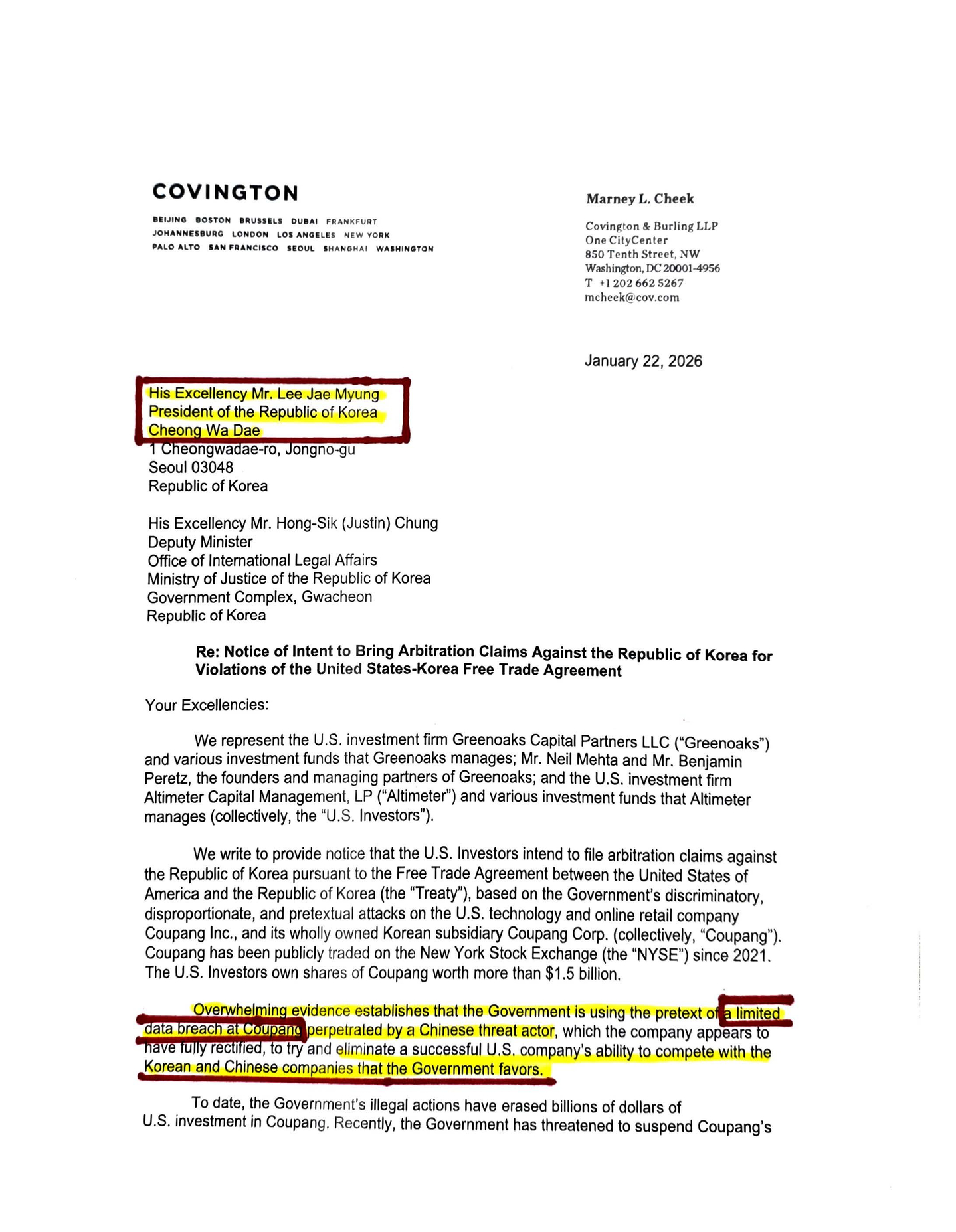 U.S. firms invested in Coupang address Korean President Lee Jae Myung in a petition submitted to the U.S. Justice Department and its Korean equivalent. [KANG TAE-HWA]