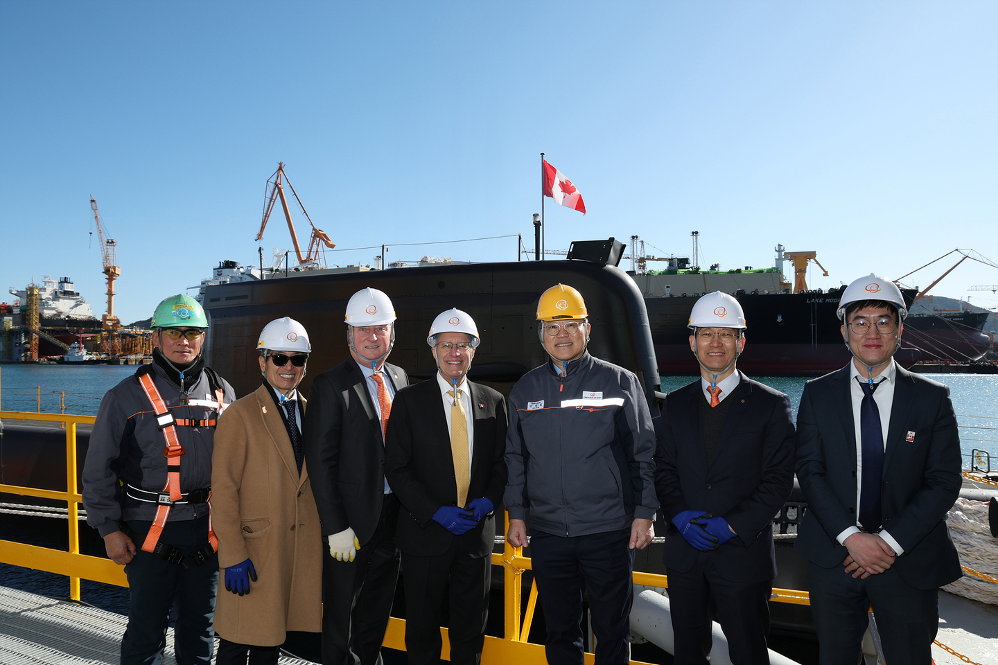 Officials from Ontario, Canada, including Victor Fedeli, Ontario’s minister of economic development, fourth from left, and Hanwha Ocean representatives are seen during a visit to Hanwha Ocean's shipyard in Geoje, South Gyeongsang, on Jan. 22. [HANWHA OCEAN] 