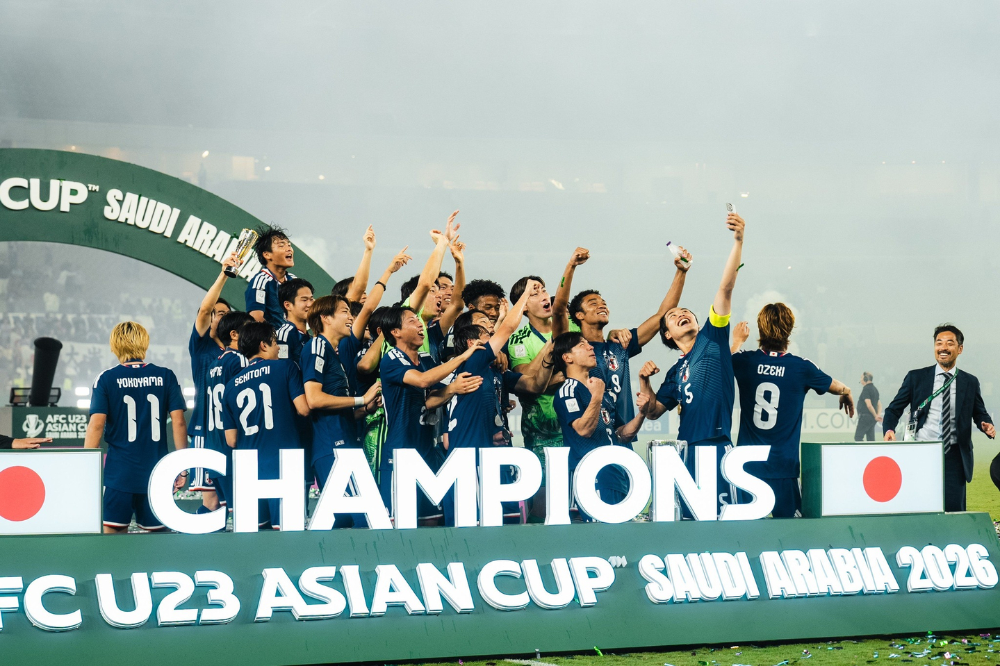 The Japanese national team celebrates winning the 2026 AFC U-23 Asian Cup at Prince Abdullah Al-Faisal Sports City Stadium in Jeddah, Saudi Arabia on Jan. 24. [SCREEN CAPTURE]