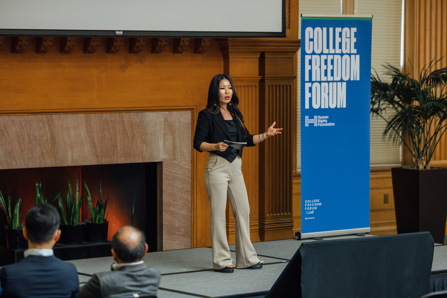North Korean defector Park Eun-hee speaks at the College Freedom Forum hosted by Stanford University in Palo Alto, California, on April 8, 2024. [PARK EUN-HEE]