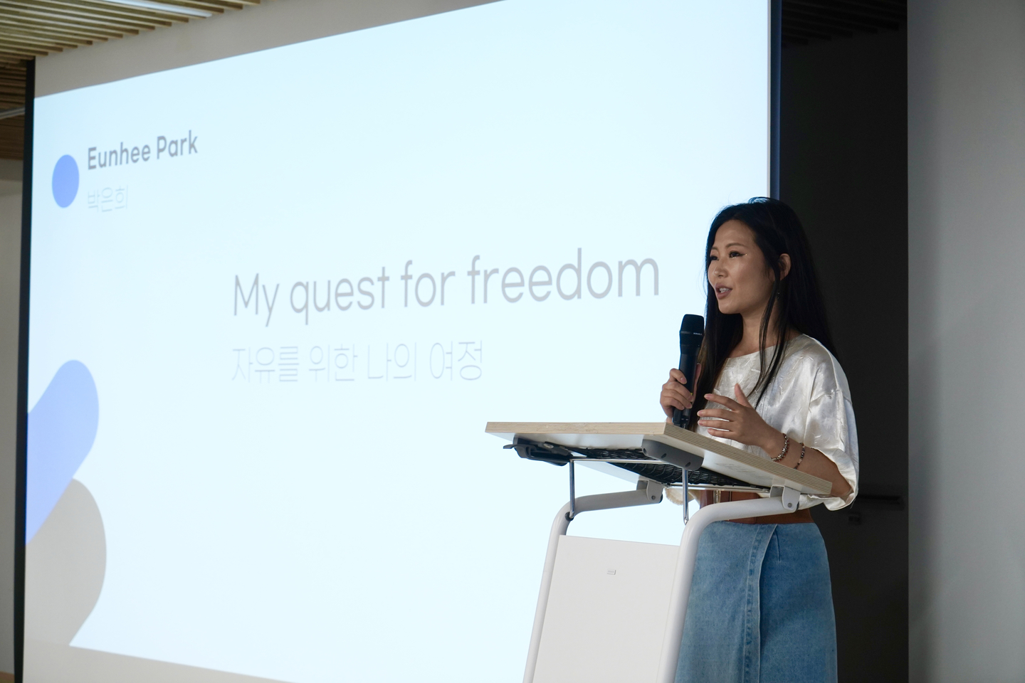 North Korean defector Park Eun-hee speaks at an event for foreign charity volunteers in Seoul in August 2025. [PARK EUN-HEE] 