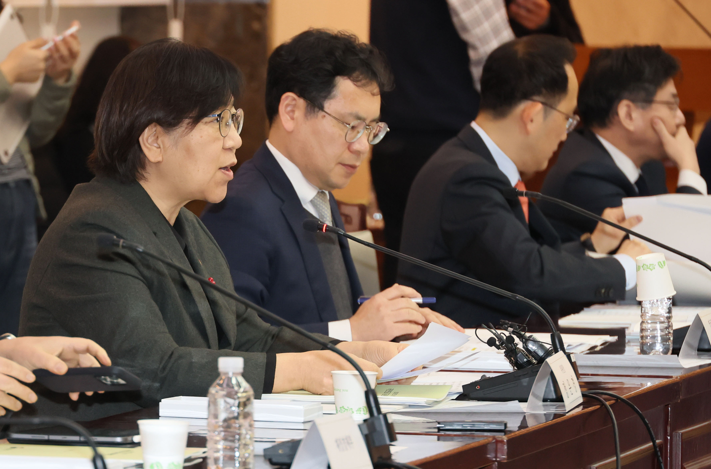 Minister of Health and Welfare Jeong Eun-kyeong, far left, speaks during a National Pension Fund Management Committee meeting at the government complex in Seoul on Jan. 26. [YONHAP]