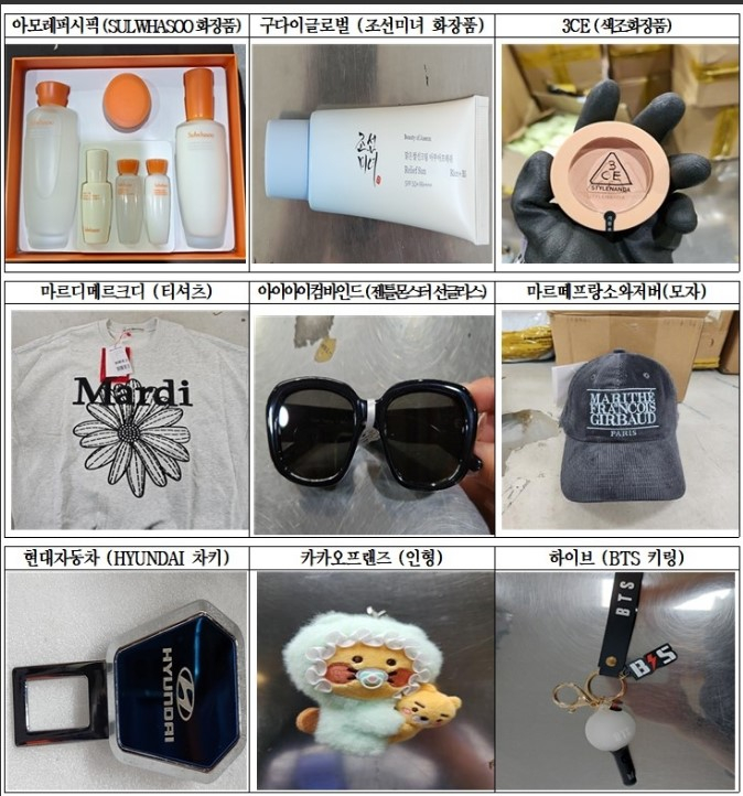 Counterfeit items imitating Korean brands caught by Korean customs authorities in 2025 are pictured. [KOREA CUSTOMS SERVICE]