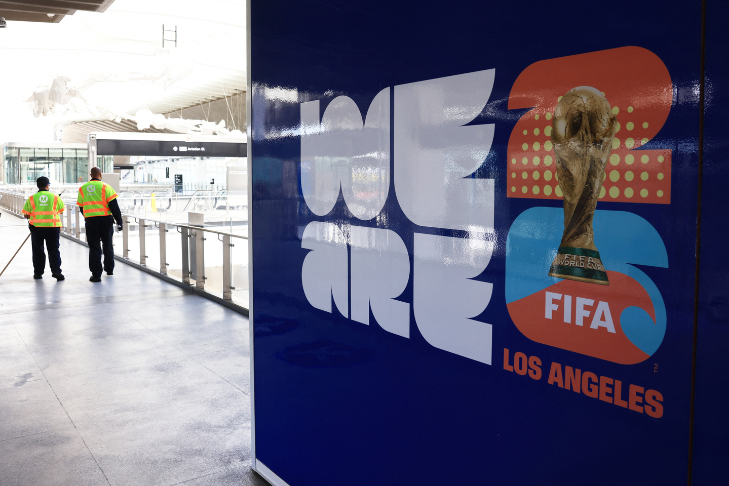 A sign promoting the 2026 World Cup is shown at a newly opened metro stop at Los Angeles International Airport on Aug. 22, 2025. [REUTERS/YONHAP] 