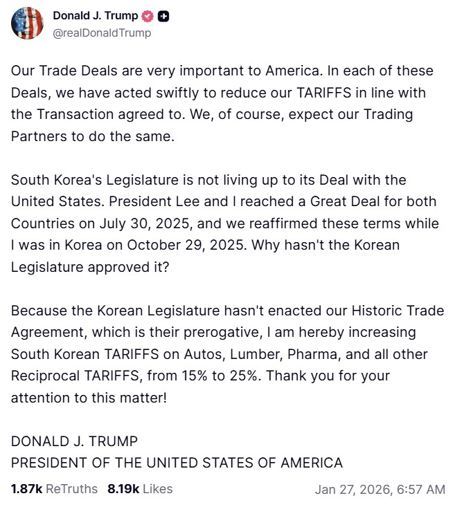 U.S. President Donald Trump's post on Truth Social