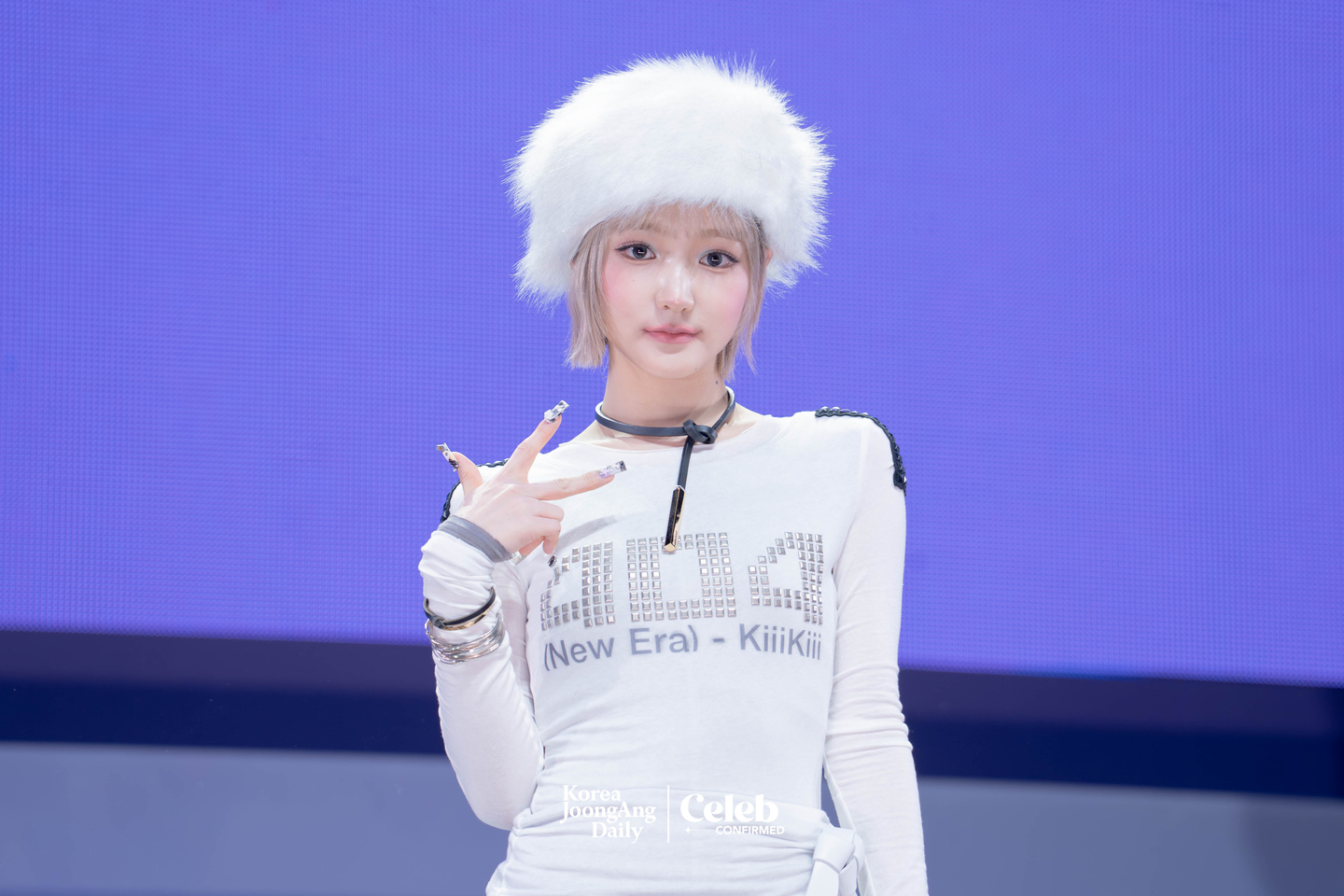 KiiiKiii’s Jiyu poses for photos during a showcase for the release of the group’s second EP, “Delulu Pack,” at Yes24 Live Hall in eastern Seoul on Jan. 26 [DANIELA GONZALEZ PEREZ]
