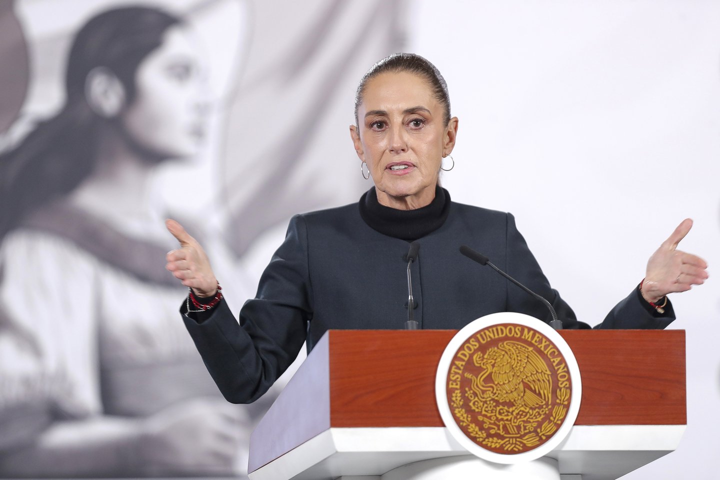 Mexican President Claudia Sheinbaum speaks during a press conference at the National Palace in Mexico City on Jan. 21. [EPA/YONHAP]