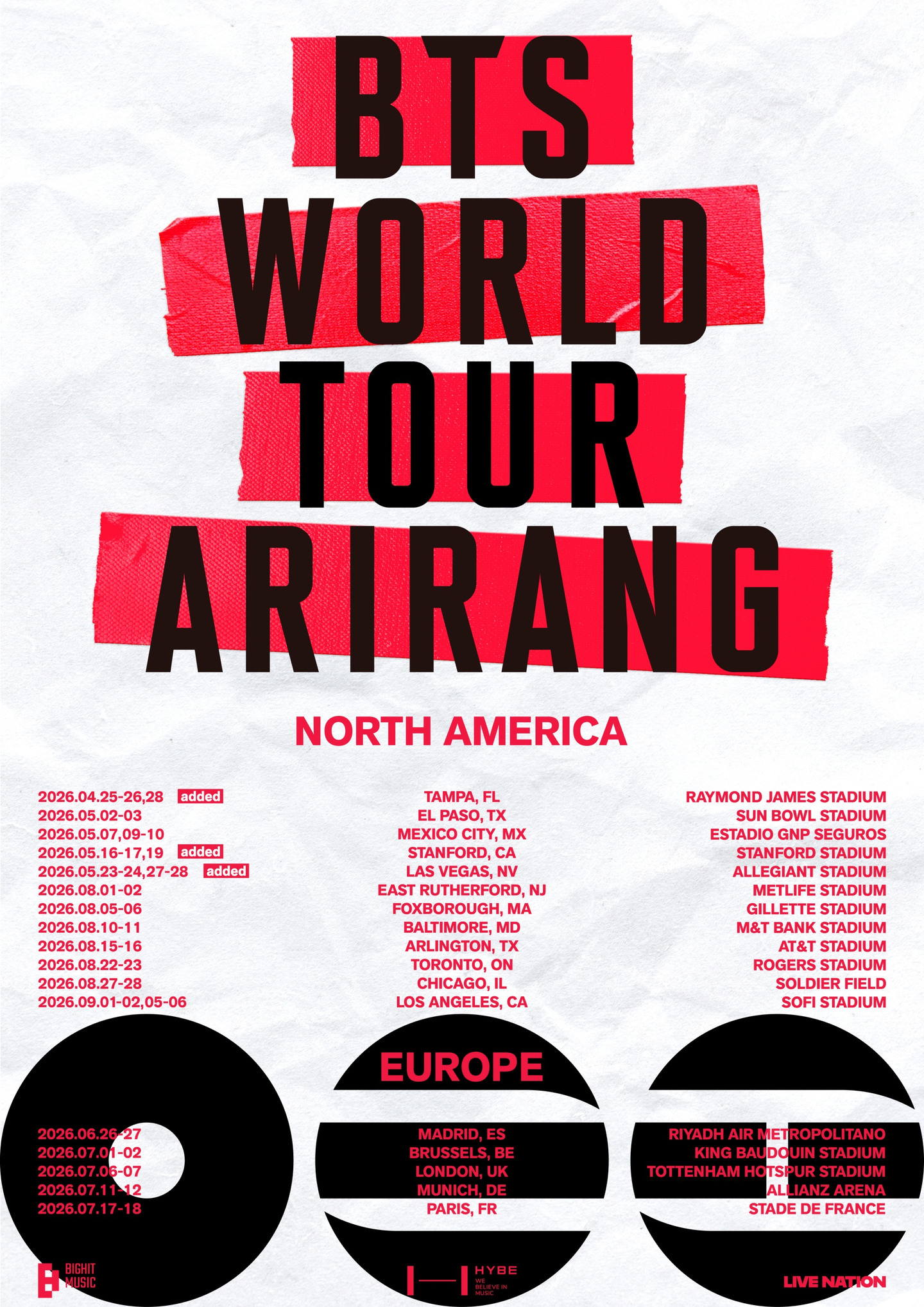 Schedule for BTS's North American and European legs of the ″Arirang″ world tour [BIGHIT MUSIC]