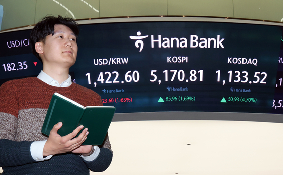 Electronic display board at Hana Bank’s dealing room in central Seoul show Korea’s financial markets on Tuesday. [NEWS1]