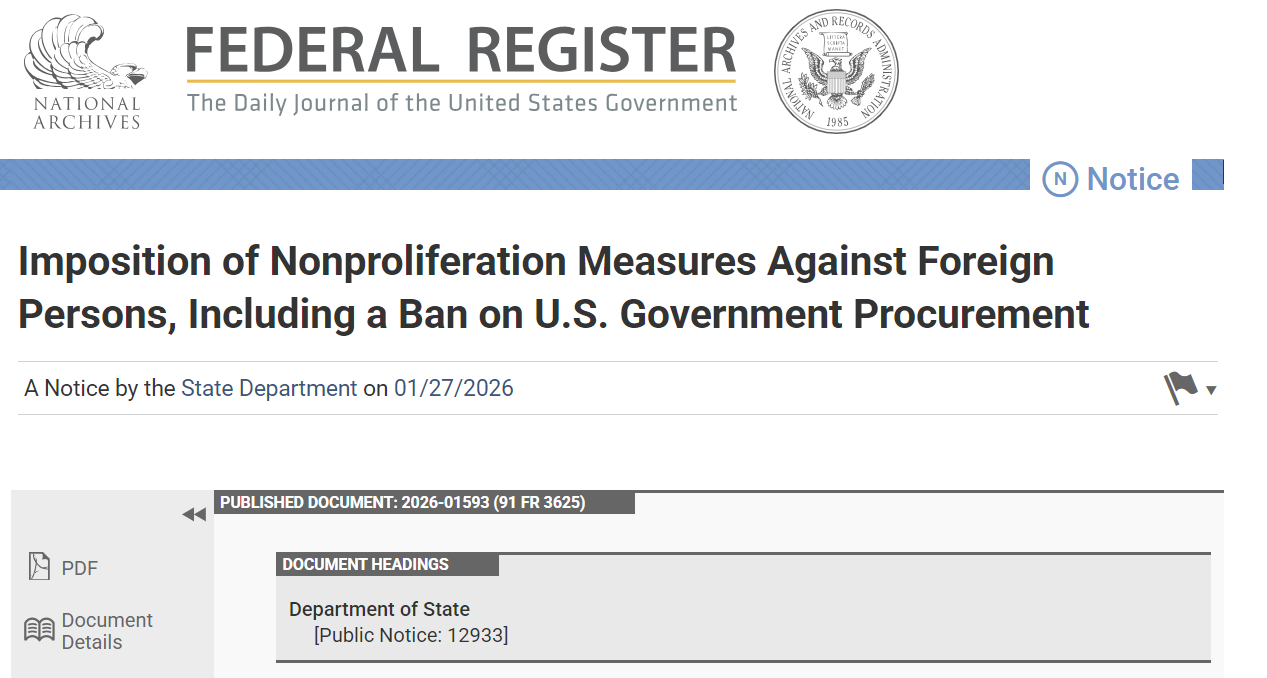 A notice on the U.S. Federal Register announcing a new set of sanctions under the Iran, North Korea and Syria Nonproliferation Act (INKSNA) [SCREEN CAPTURE]