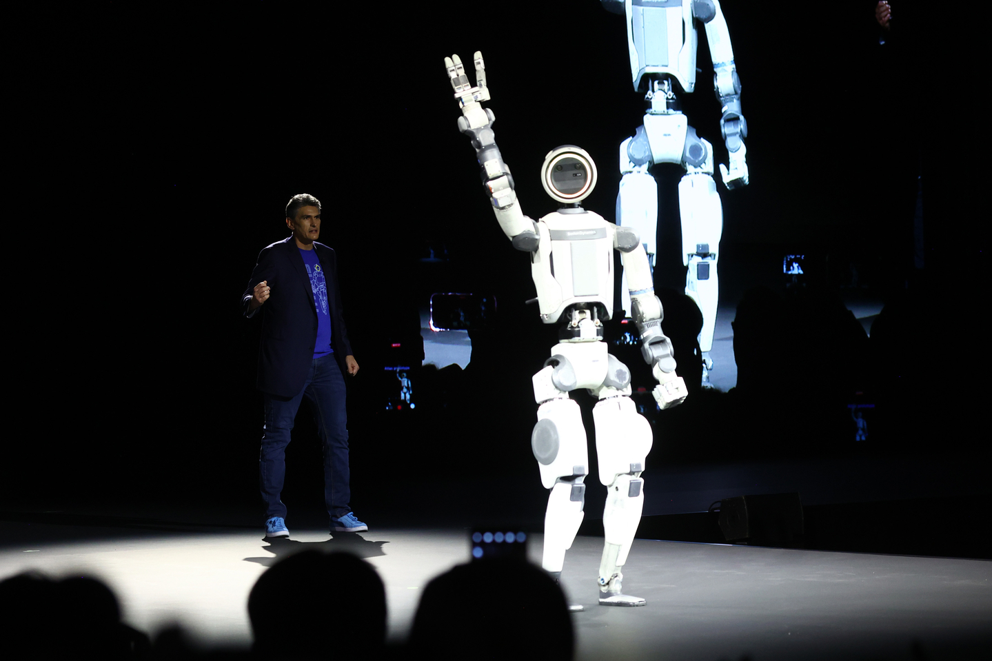Boston Dynamics appears on stage with the ATLAS prototype robot during a press conference at the 2026 International CES, at the Mandalay Bay Convention Center in Las Vegas, Nevada on Monday, January 5. [UPI/ YONHAP]