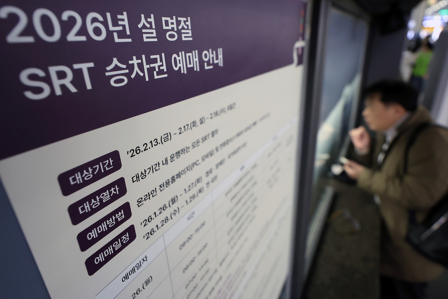 An information notice regarding ticket reservations for Super Rapid Train services during the Lunar New Year holiday is posted at Suseo Station in Gangnam District, southern Seoul, on Jan. 28. [NEWS1]