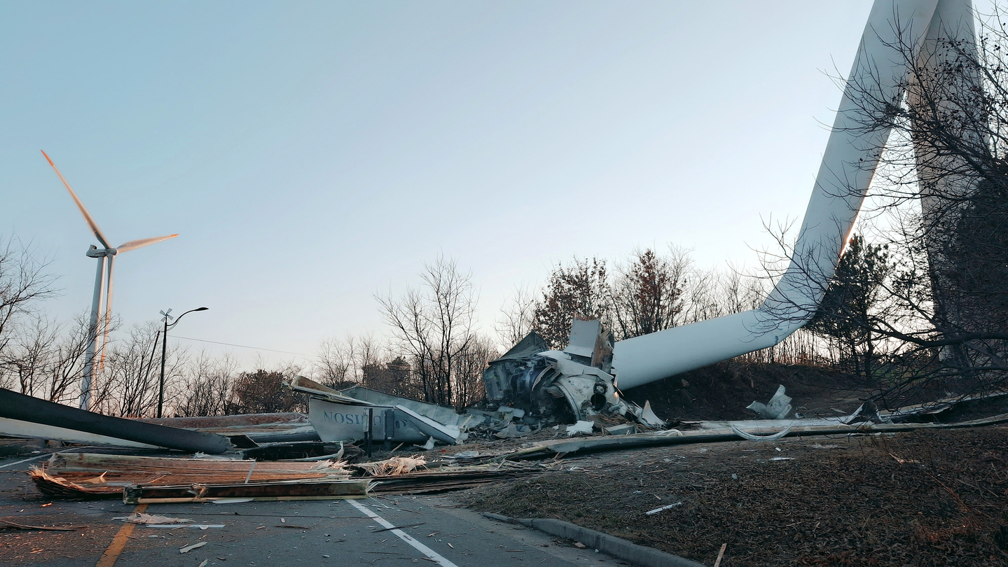 A collapsed wind turbine is seen in Yeongdeok, North Gyeongsang, on Feb. 2. [NEWS1] 