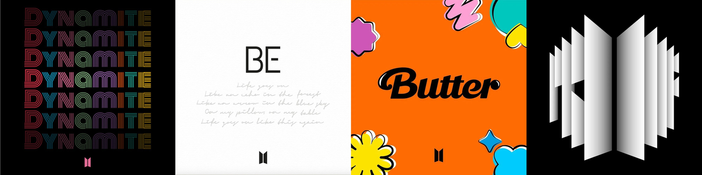 From left: Digital single "Dynamite" (2020); Deluxe edition "BE" (2020); Single "Butter" (2021); Anthology album "Proof" (2022) [BIGHIT MUSIC]