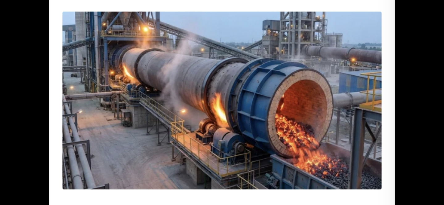 A typical cement kiln at a cement manufacturing plant. Stretching up to 100 meters (328 feet) in length, the kiln heats raw materials such as limestone to temperatures of around 1,500 degrees Celsius (2,730 degrees Fahrenheit) using fuels including bituminous coal. [WIKIPEDIA]