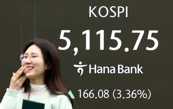 The Kospi opens higher to reclaim the 5,000 mark early trading on Feb. 3, 2026. Numbers are shown at a digital board in Hana Bank, central Seoul. [NEWS1]