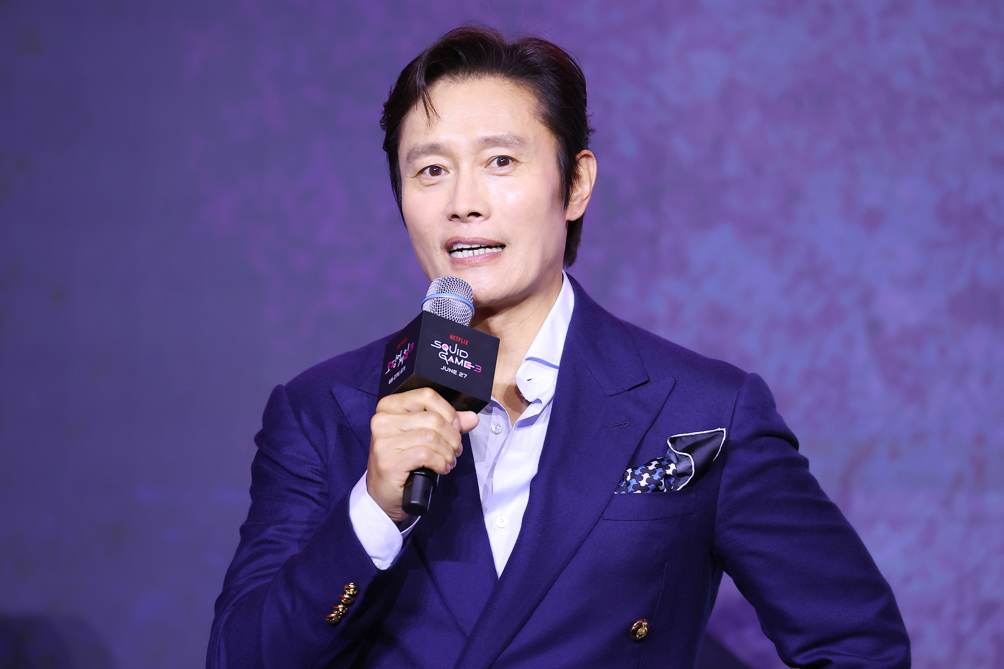 Netflix's ″Squid Game″ (2021-25) actor Lee Byung-hun speaks during a press conference for the show in Yongsan District, central Seoul, on June 9. [YONHAP]