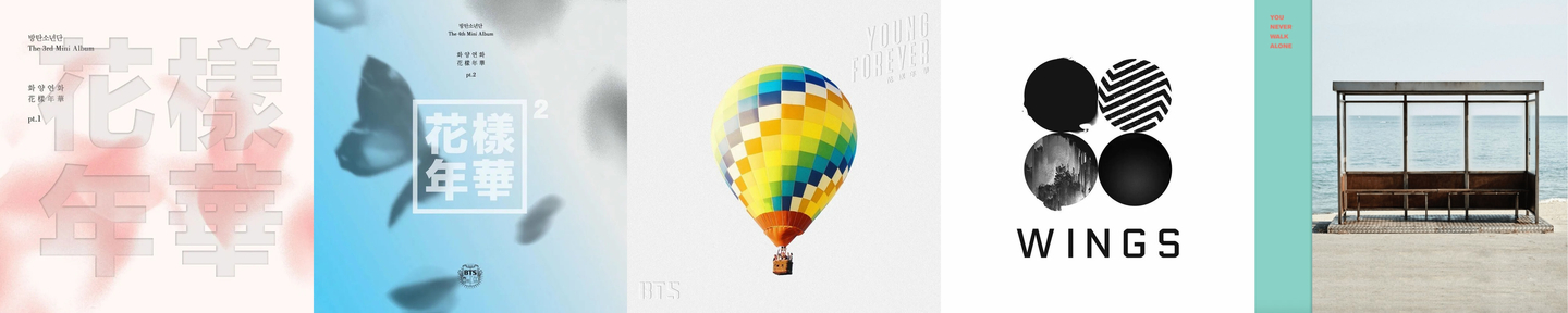 From left: 3rd EP "The Most Beautiful Moment in Life PT. 1" (2015); 4th EP "The Most Beautiful Moment in Life PT. 2" (2015); special album "The Most Beautiful Moment in Life: Young Forever" (2016); 2nd LP "Wings" (2016); special album "You Never Walk Alone" (2017) [BIGHIT MUSIC]
