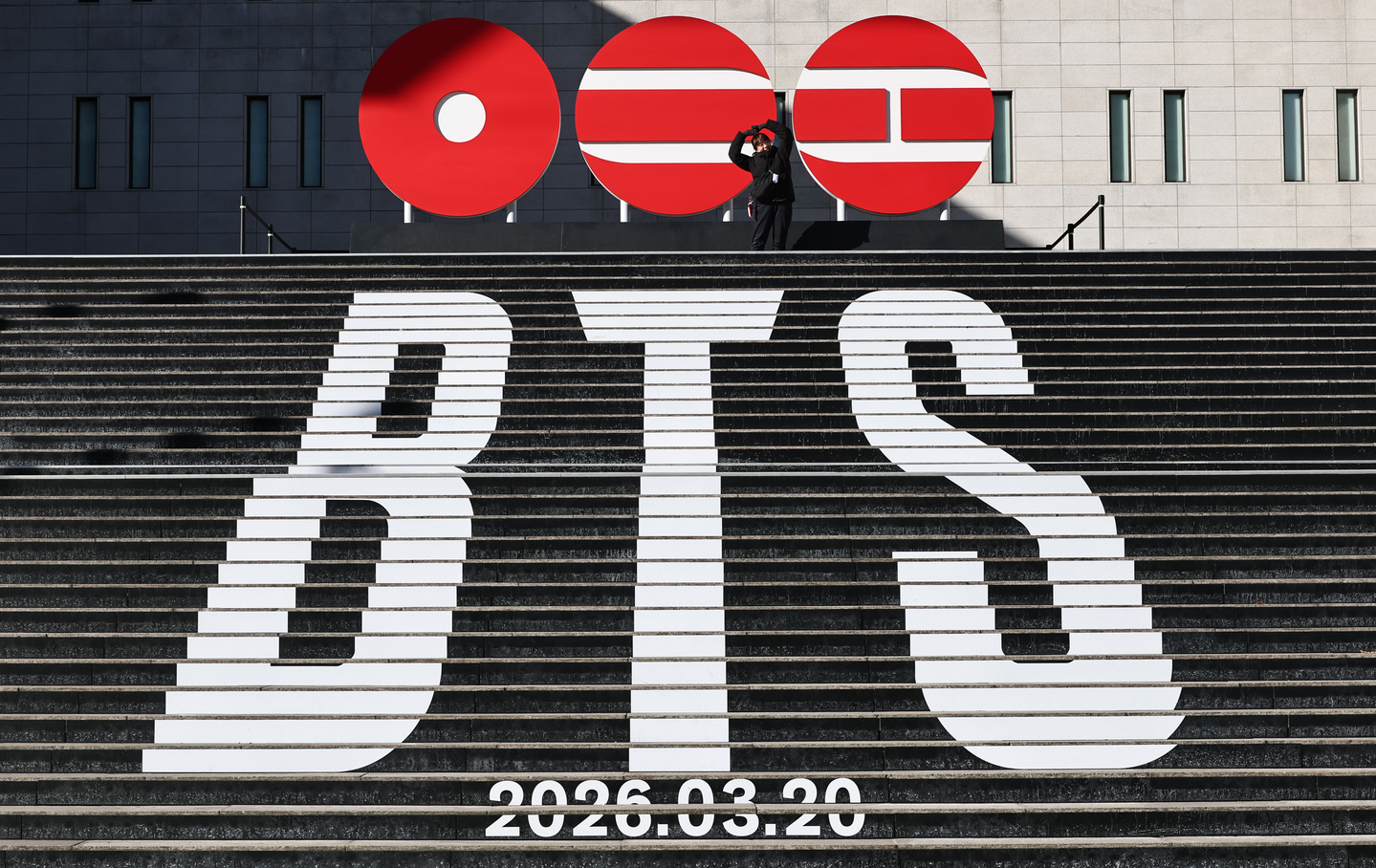 A promotional installation announcing boy band BTS's comeback set up in front of the Sejong Center for the Performing Arts in Jongno District, central Seoul, on Jan. 22 [YONHAP]