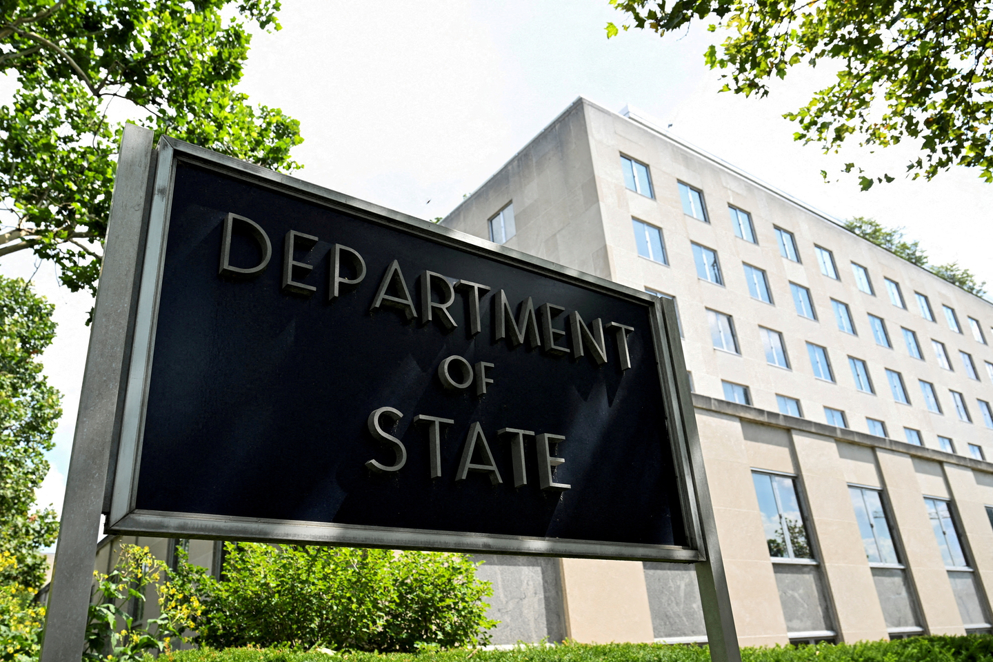 A general view of a U.S. State Department sign outside the building in Washington on July 11, 2025 [REUTERS/YONHAP] 