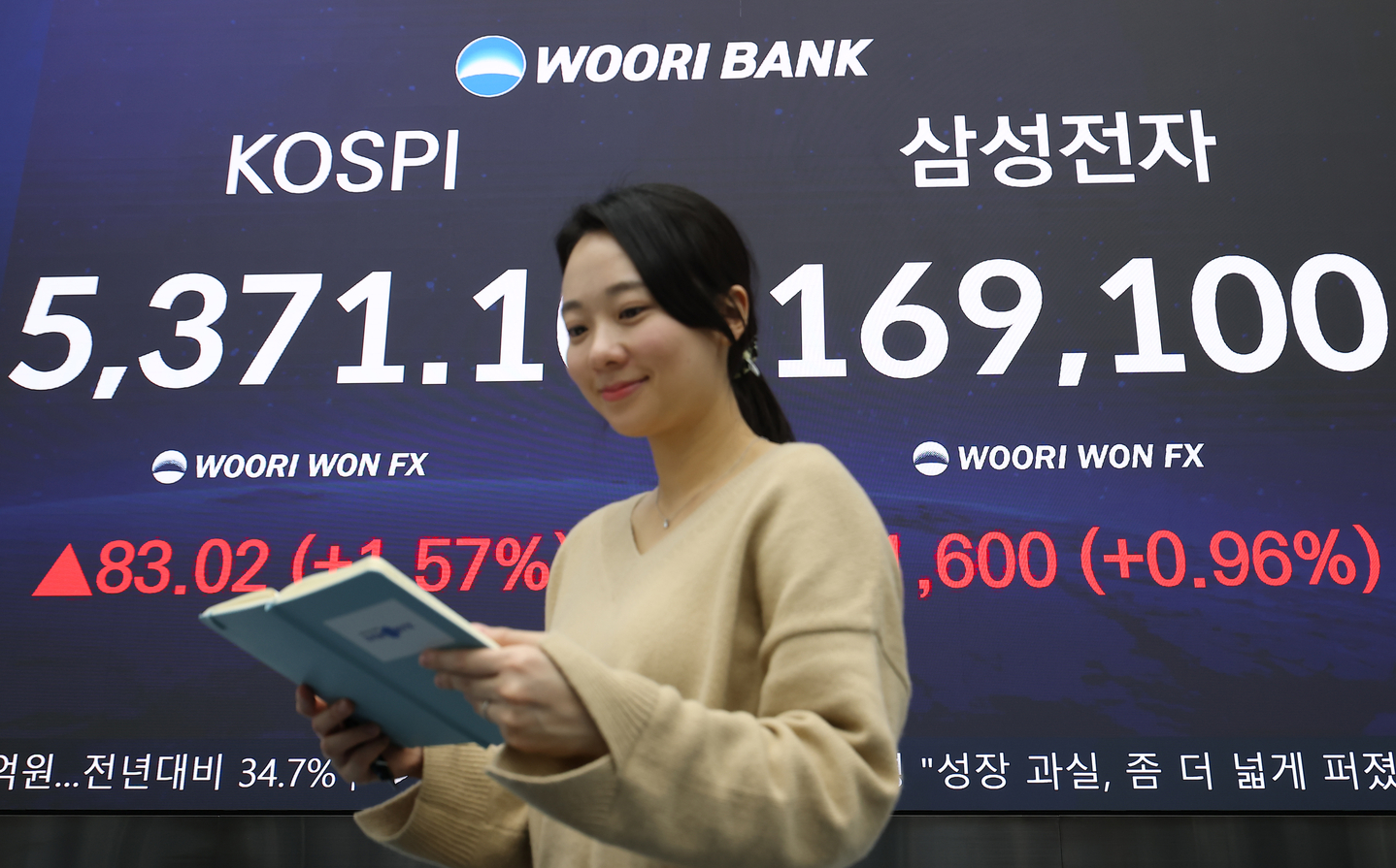Samsung Electronics' share price is seen displayed next to the Kospi on an electronic board inside Woori Bank's trading room in Jung District, central Seoul, on Feb. 4. [YONHAP] 