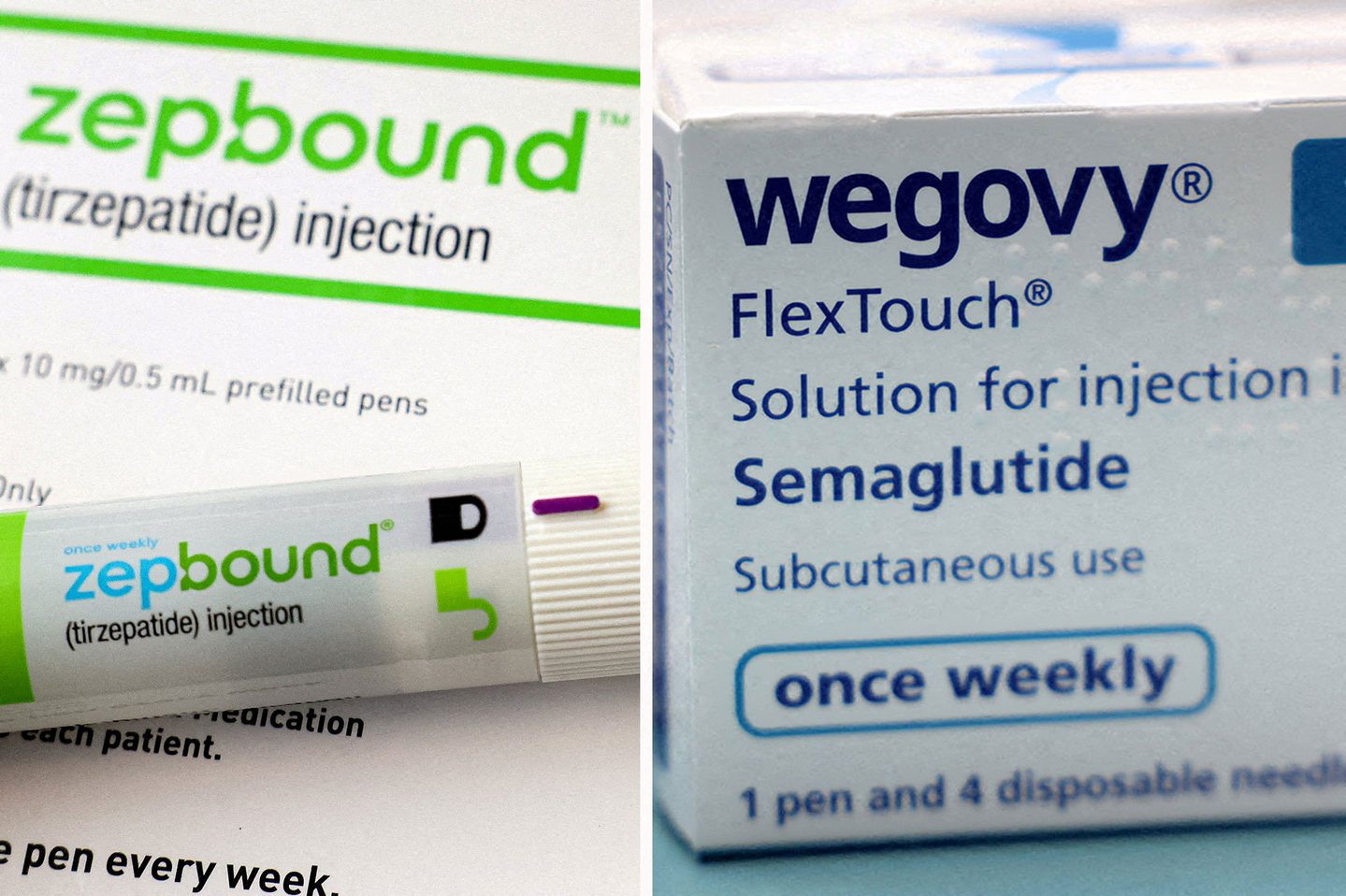 A combination image shows an injection pen of Zepbound, Eli Lilly's weight loss drug, and boxes of Wegovy, made by Novo Nordisk. [REUTERS/YONHAP]