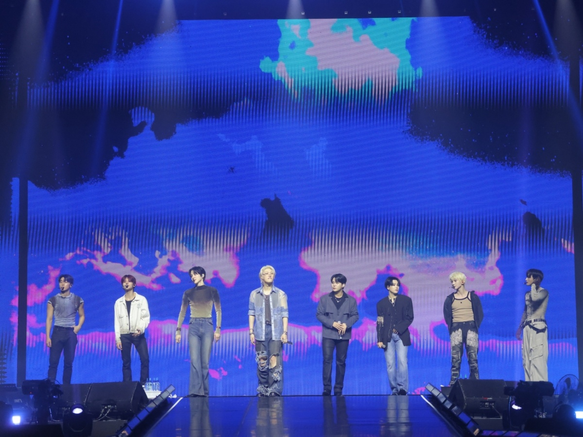 Boy band Ateez performs during a concert in its "In Your Fantasy" world tour at the Indonesia Convention Exhibition in Jakarta, Indonesia, on Jan. 31. [KQ ENTERTAINMENT]