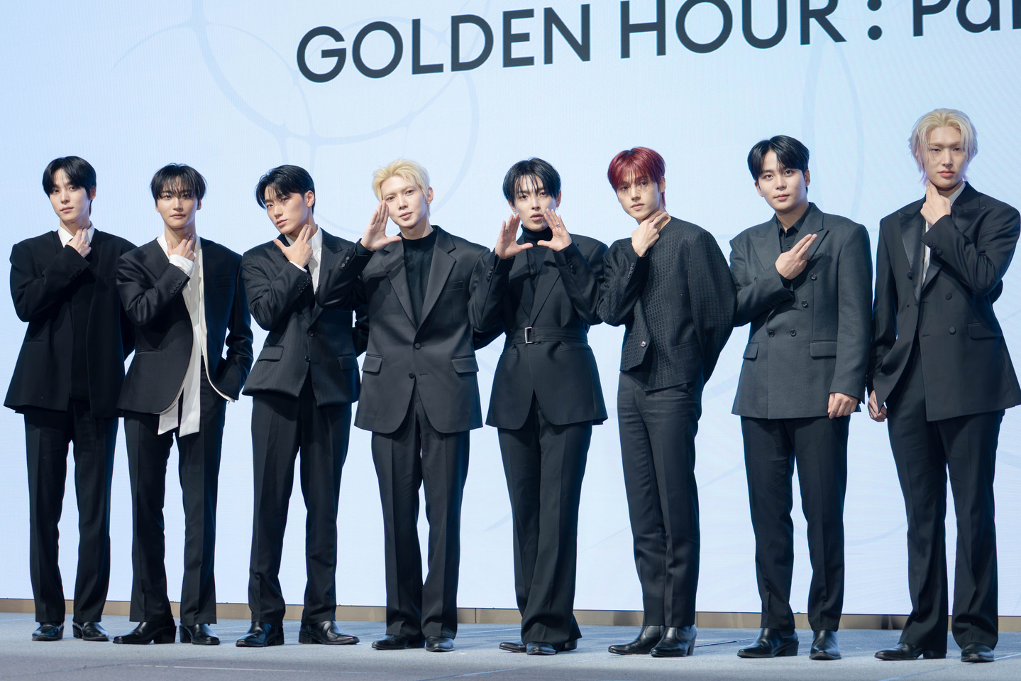 Boy band Ateez poses for a photo during a press conference at the Fairmont Ambassador Seoul hotel in western Seoul on Feb. 5, a day before the release of its 13th EP, “Golden Hour: Part 4.” [DANIELA GONZALEZ PEREZ]