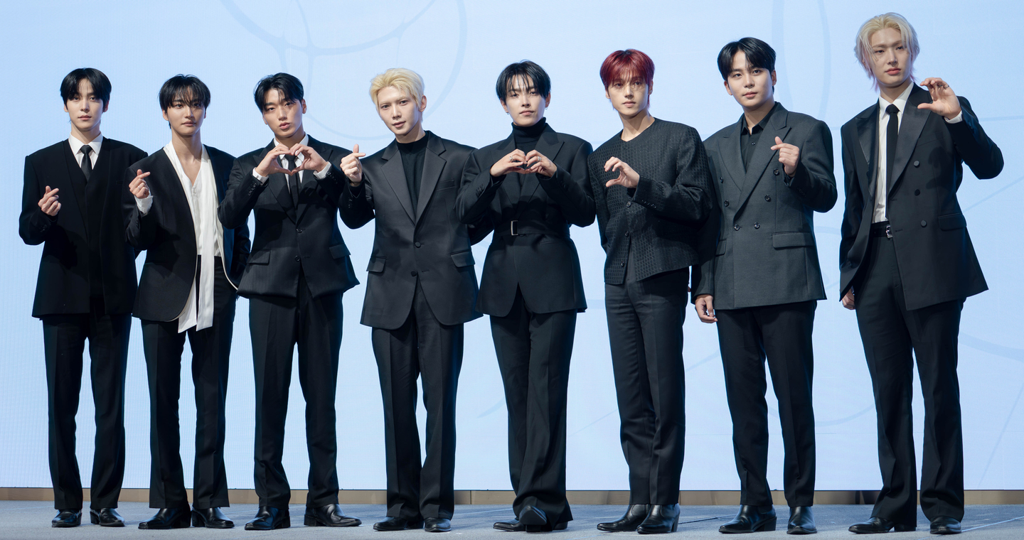 Boy band Ateez poses for a photo during a press conference at the Fairmont Ambassador Seoul hotel in western Seoul on Feb. 5, a day before the release of its 13th EP, “Golden Hour: Part 4.” [DANIELA GONZALEZ PEREZ]