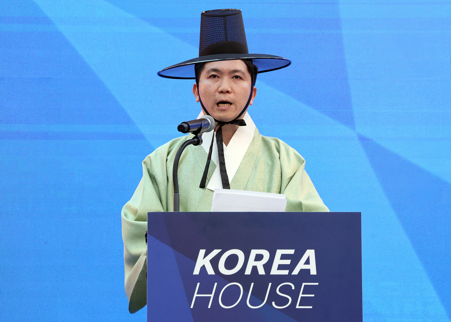 Ryu Seung-min, president of the Korean Sport & Olympic Committee, speaks during the opening ceremony for Korea House, Korea's hospitality space for the 2026 Winter Olympics, at Villa Necchi Campiglio in Milan on Feb. 5. [YONHAP]
