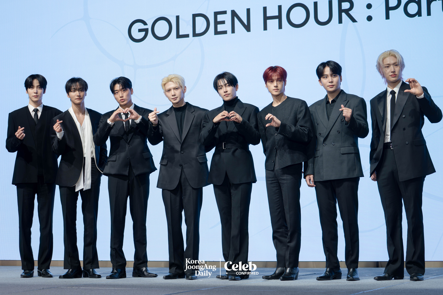 Boy band Ateez poses for photos during a press conference for the release of its 13th EP, “Golden Hour: Part.4,” at the Fairmont Ambassador Seoul in western Seoul on Feb. 5. [DANIELA GONZALEZ PEREZ]