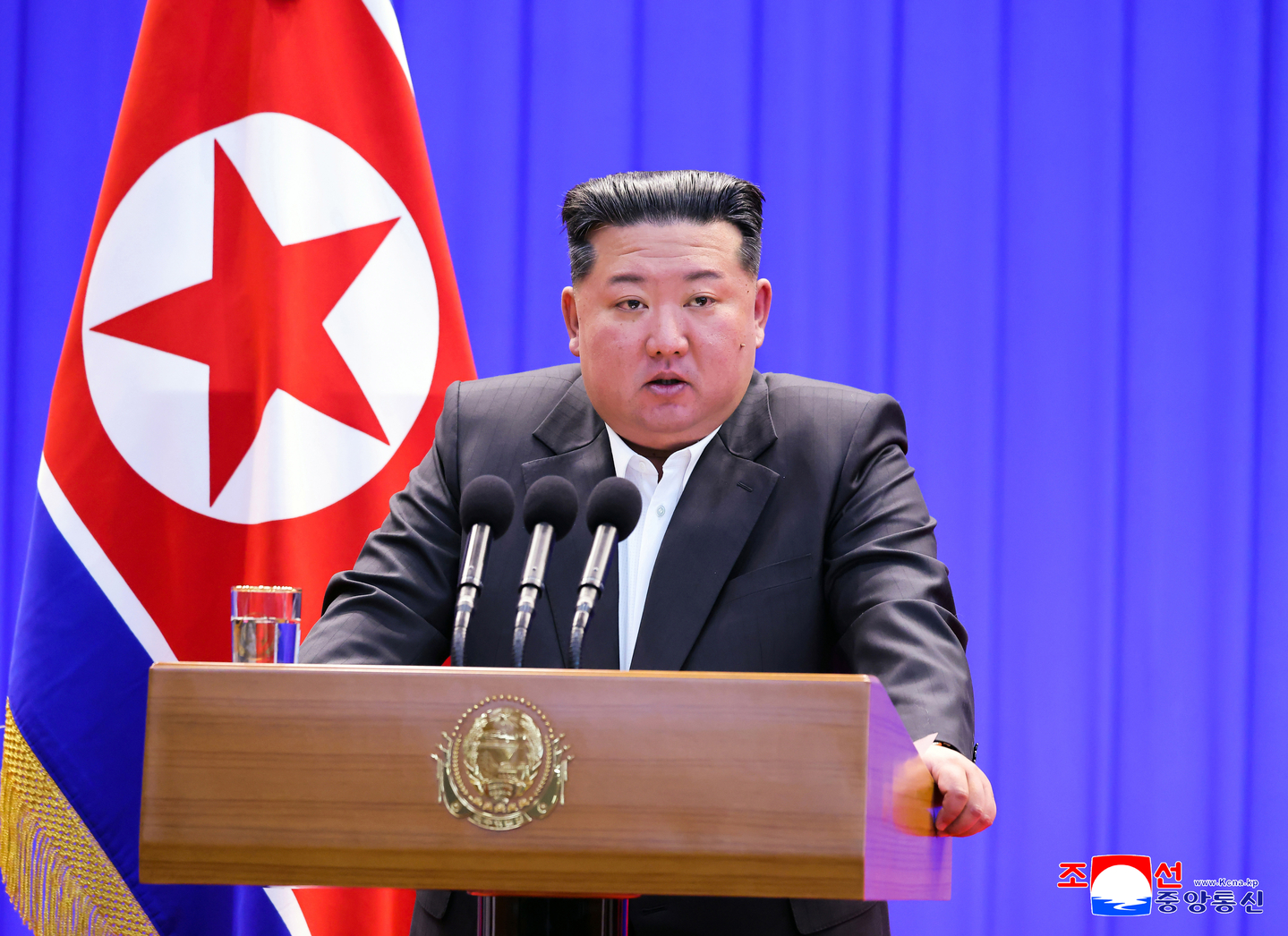 North Korean leader Kim Jong-un speaks during the opening ceremony of the Samgwang Livestock Farm in North Phyongan, North Korea on Feb. 2. [KOREAN CENTRAL NEWS AGENCY] 