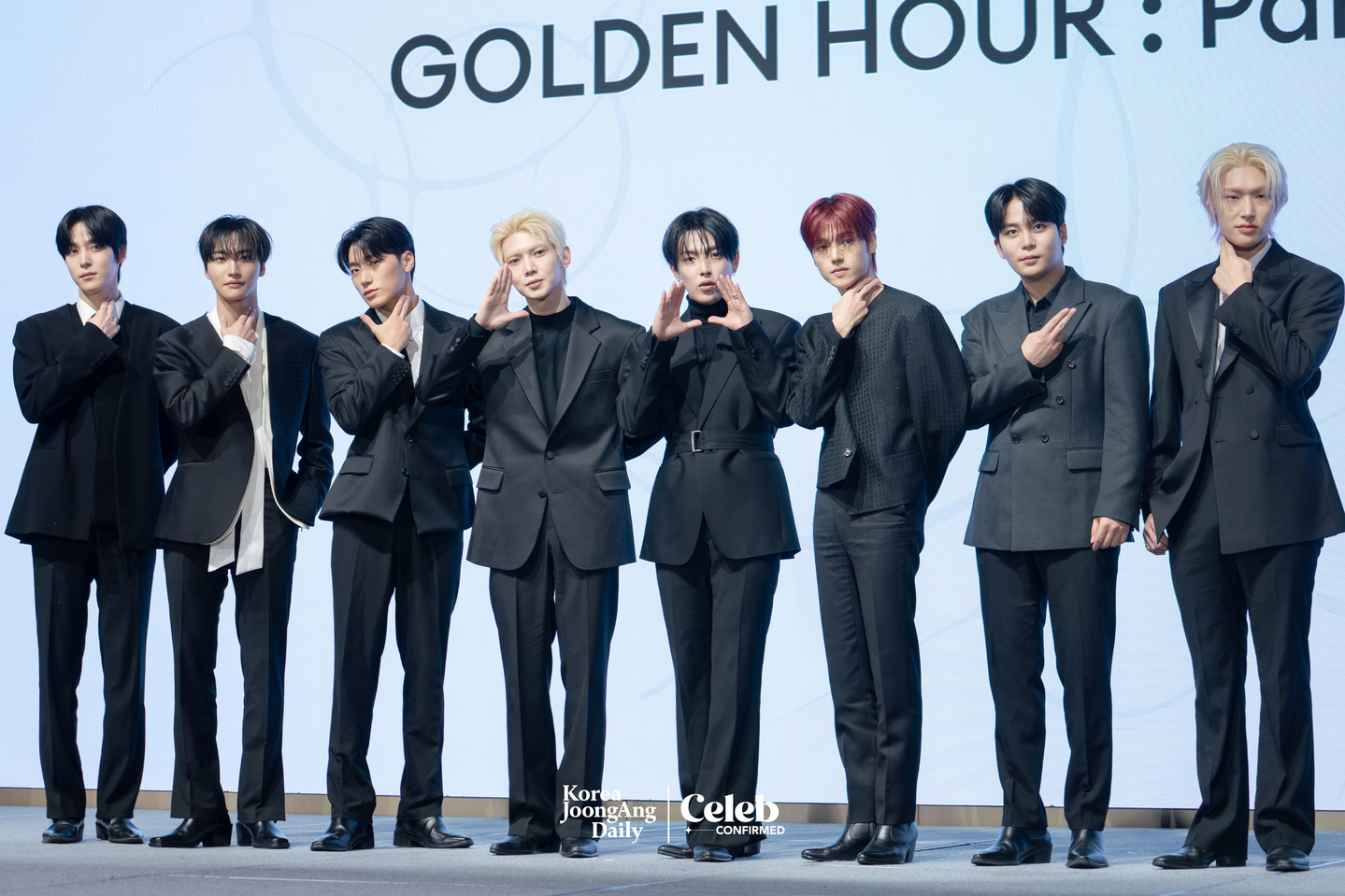 Boy band Ateez poses for photos during a press conference for the release of its 13th EP, “Golden Hour: Part.4,” at the Fairmont Ambassador Seoul in western Seoul on Feb. 5. [DANIELA GONZALEZ PEREZ]