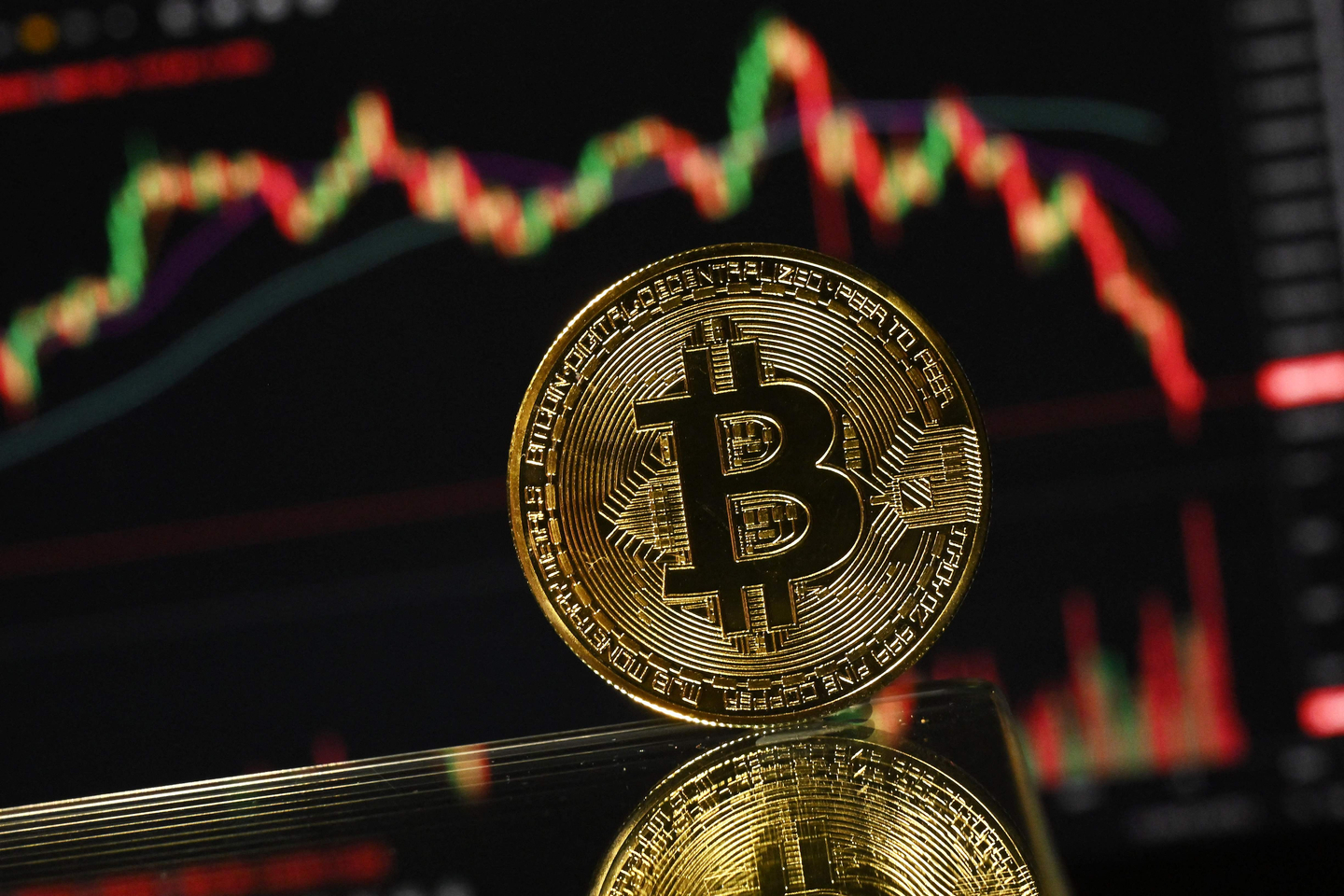 An illustration photograph taken on Nov. 22, 2025, shows a gold-plated souvenir Bitcoin coin reflected in a mirror and arranged for a photograph in front of a computer screen displaying the Bitcoin monthly price chart. [AFP/YONHAP]