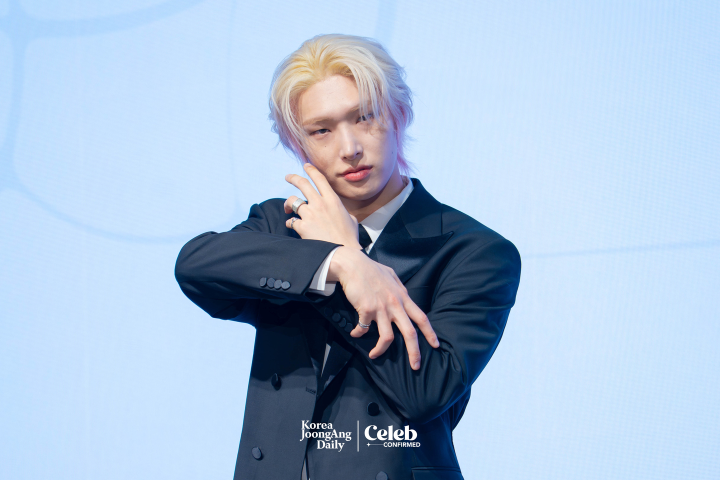 Ateez’s Mingi poses for photos during a press conference for the release of the group’s 13th EP, “Golden Hour: Part.4,” at the Fairmont Ambassador Seoul in western Seoul on Feb. 5. [DANIELA GONZALEZ PEREZ]