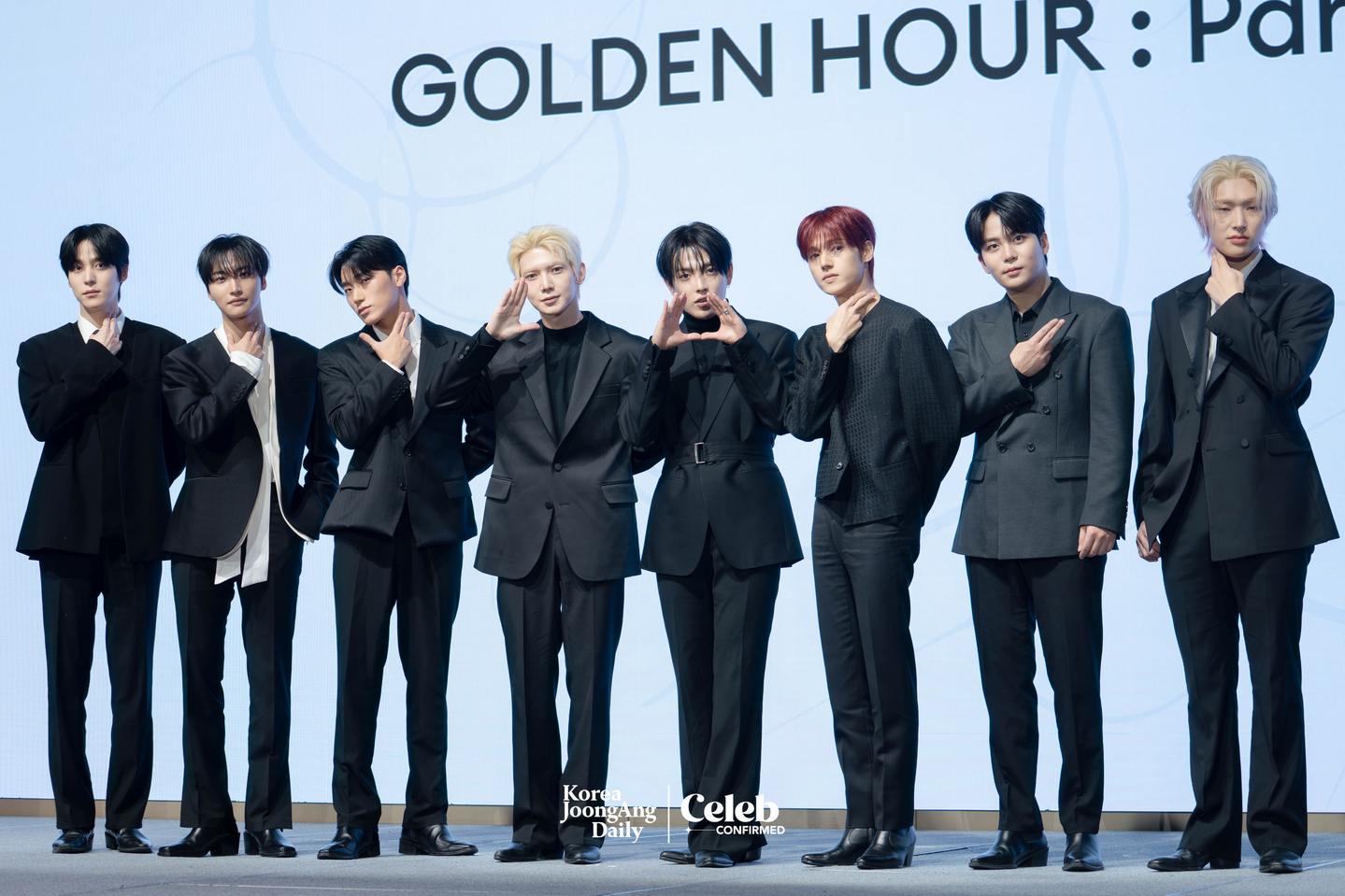Boy band Ateez poses for photos during a press conference for the release of its 13th EP, “Golden Hour: Part.4,” at the Fairmont Ambassador Seoul in western Seoul on Feb. 5. [DANIELA GONZALEZ PEREZ]