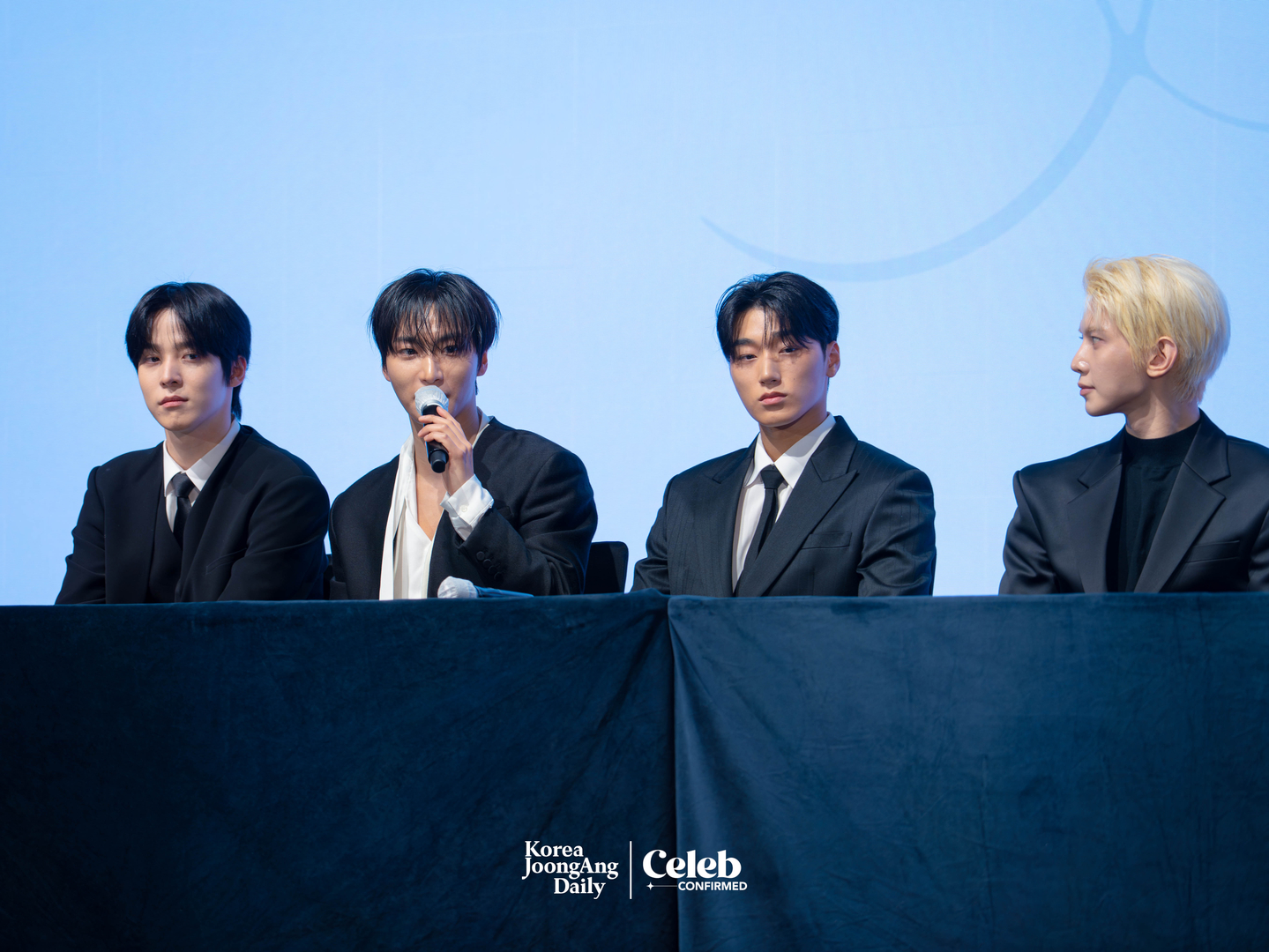 Boy band Ateez answers questions during a press conference for the release of its 13th EP, “Golden Hour: Part.4,” at the Fairmont Ambassador Seoul in western Seoul on Feb. 5. [DANIELA GONZALEZ PEREZ]