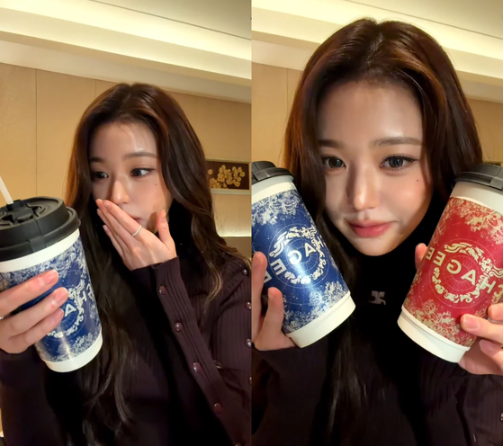 IVE's Jang Won-young drinks Chagee's milk tea in a livestream during her visit to Guangzhou, China in January [SCREEN CAPTURE]
