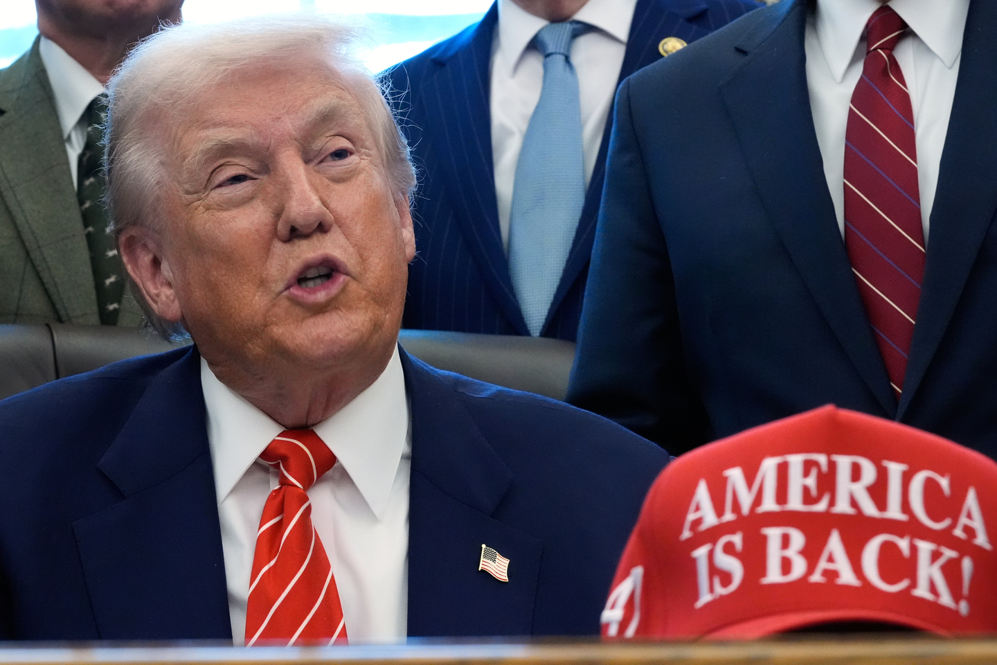President Donald Trump speaks in the Oval Office of the White House, on Feb. 3, in Washington. [AP/YONHAP]