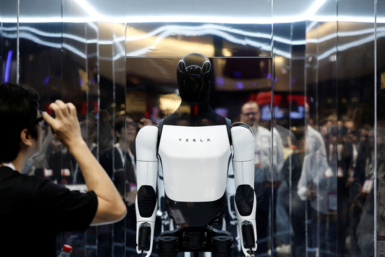 The Tesla humanoid robot Optimus is displayed at the Viva Technology conference dedicated to innovation and startups at Porte de Versailles exhibition center in Paris on June 12, 2025. [REUTERS/YONHAP]