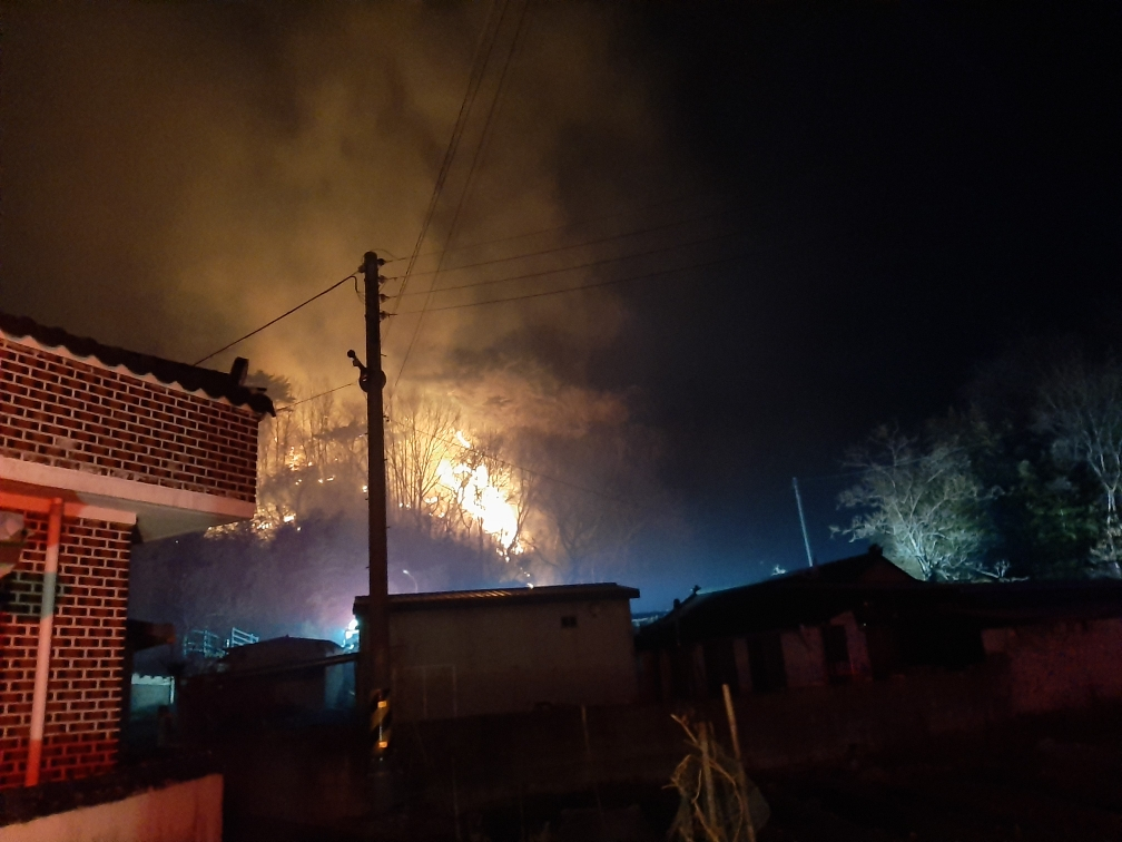 Authorities work to contain a wildfire in Jidong-ri, Pohang, North Gyeongsang, on Feb. 8, 2026. [GYEONGBUK FIRE SERVICE HEADQUARTERS]