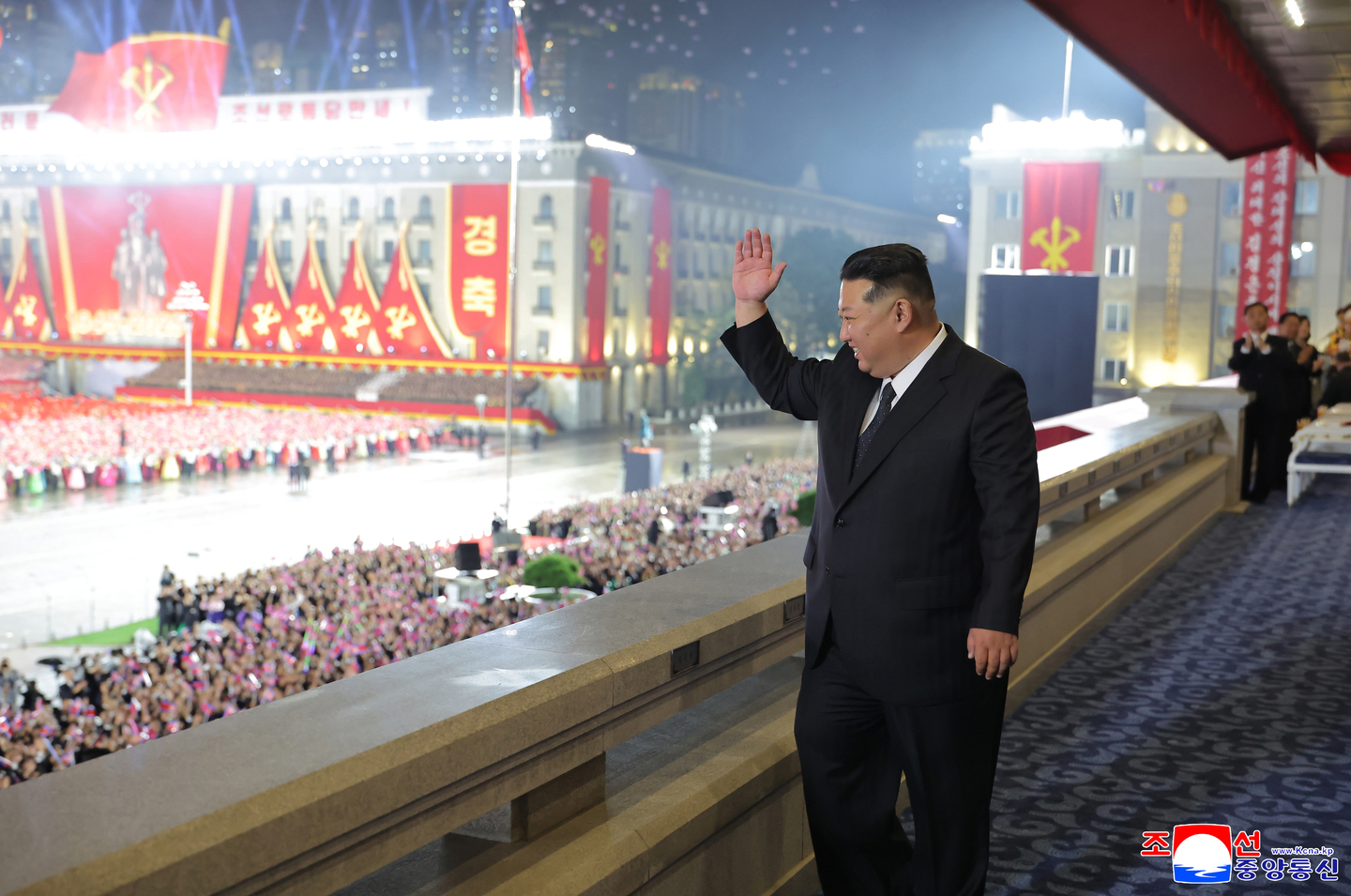 A photo released by the official Korean Central News Agency shows North Korean leader Kim Jong-un attending a military parade to celebrate the 80th founding anniversary of the Workers' Party of Korea at the Kim Il Sung Square in Pyongyang, North Korea, on Oct. 10, 2025. [EPA/YONHAP]