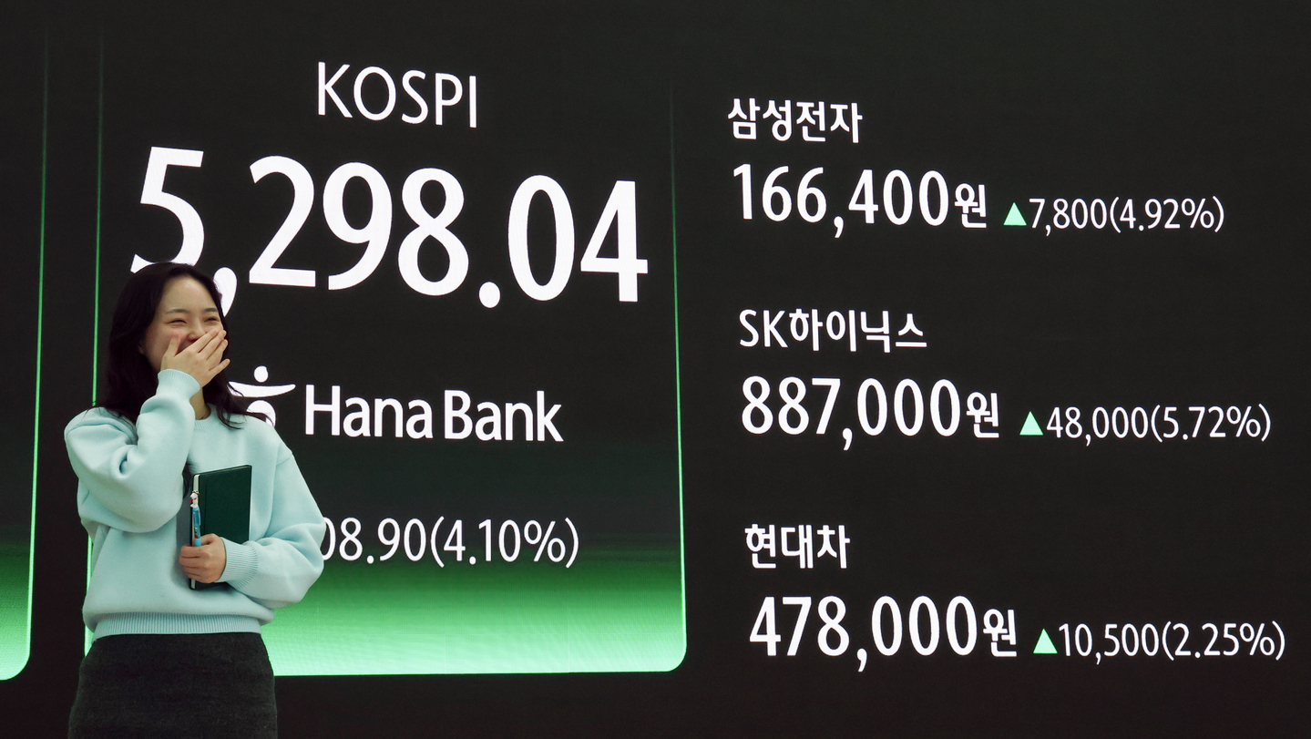 The closing stock prices for Samsung Electronics, SK hynix and Hyundai Motor are displayed next to the Kospi on Feb. 9. [NEWS1]