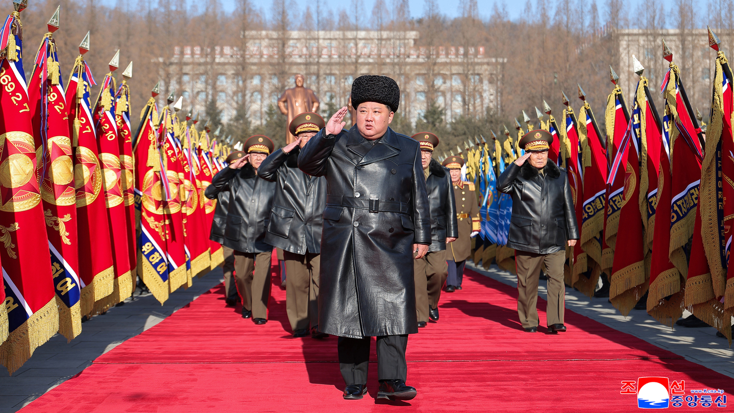 North Korean leader Kim Jong-un is seen during a visit to the Ministry of National Defense on the occasion of the 78th anniversary of the founding of the Korean People’s Army, also known as Army Day, on Feb. 8. [RODONG SINMUN] 