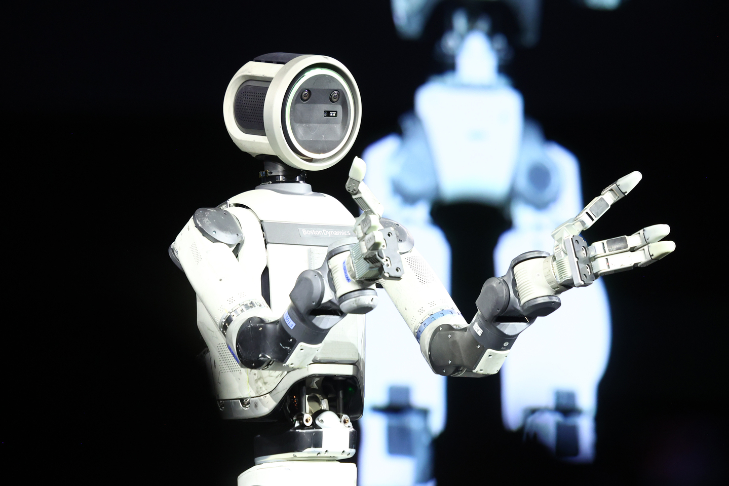 The Atlas prototype robot by Boston Dynamics makes an appearance on stage during a press conference at CES 2026 at the Mandalay Bay Convention Center in Las Vegas on Jan. 5. [UPI/YONHAP]